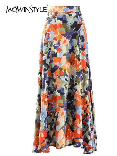 

dresses twotwinstyle print floral elegant skirt for women high waist a line colorblock vintage midi skirts female fashion summer clothes, Black;gray