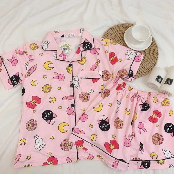 

pyjamas cute print women pajamas sets summer short sleeve cartoon sleepwear pink pijama mujer female nightsuit cat moon j230601, Red;black