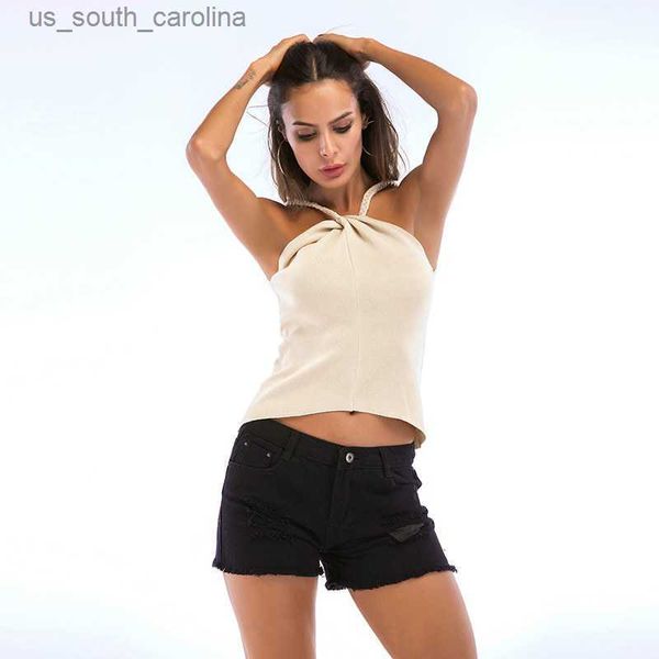 

camis summer europe and the united states short tank women hanging neck strapless off shoulder knit ladies solid color vest l230522, White