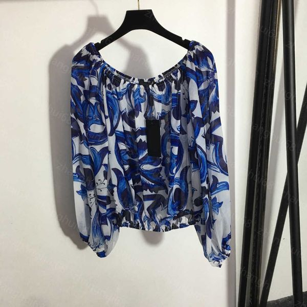 

23ss womens designer clothing high neck blouse women shirt blue and white porcelain printed one-line collar lantern long-sleeved blouse wome