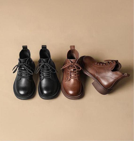 

cowhide vmouth short ankle boots martin shoes women039s 2022 autumn flat keel female boot lace up british single lady footwear9121433, Black