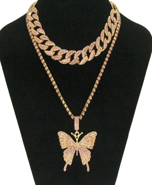 

hip hop iced out rhinestone big butterfly pendant necklace cuban chain set for women statment bling crystal animal choker jewelry5066384, Silver