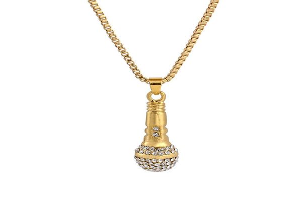 

hip hop gold color titanium stainless steel ice out bling music stereoscopic microphone pendant necklace for men jewelry1064726, Silver