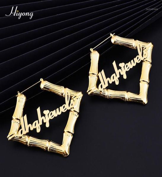 

hiyong 70mm 100mm square shape custom name earrings bamboo hoop earrings stainless steel hiphop bamboo earring for women jewelry15090841, Golden;silver