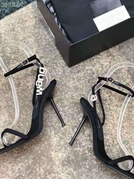 

2023 aw high heeled designer sandals women's temperament stiletto thin heeled high heeled alex letter wang one word diamond rhinestone, Black