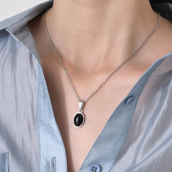 

women's necklace personalized and trendy stainless steel oval black agate pendant necklace with thin chain jewelry party gift yw28pn-17, Silver