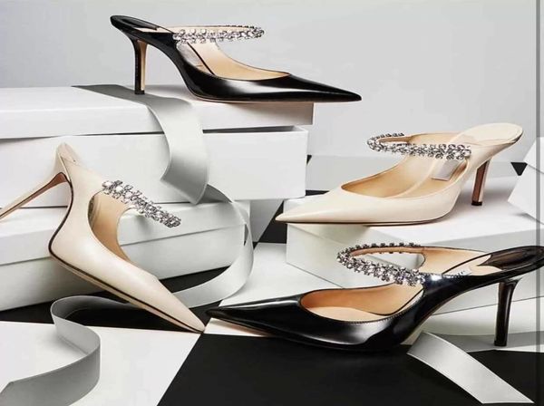 

bridal wedding sandals shoes luxurious brand bing mules slippers crystalembellished patent leather strap pumps twinkles high h9516353, Black