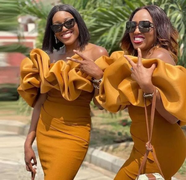 

2022 mustard yellow mermaid bridesmaid dresses ruffles off shoulder prom gowns black girl formal party plus size maid of honor gow4034649, White;pink