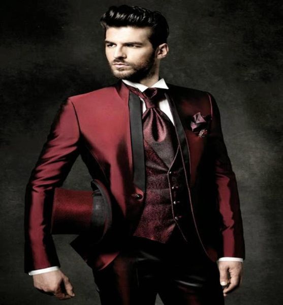 

new arrival slim fit groom tuxedos mandarin lapel men039s suit burgundy groomsman man weddingdinner suits jacketpantst7892605, Black;gray