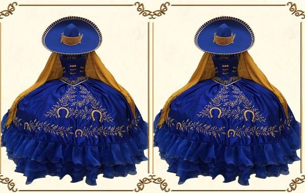 

2022 vintage gold embroidery flowers royal blue quinceanera prom dresses ball gown xv mexican charro satin evening party formal sw3234127, Blue;red