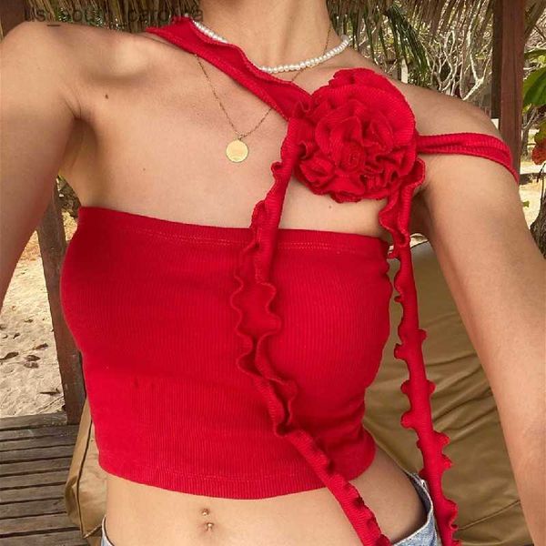 

camis 2023 spring summer women t-shirts new fashion french style tees flower strap neck panel bra vest tank for woman l230522, White