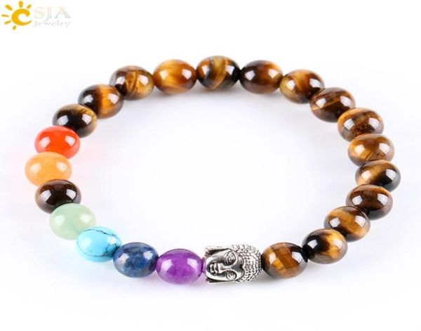 

csja 8mm natural round stone tiger eye beads buddha bracelets 7 chakra healing mala meditation prayer yoga women men rainbow jewel8521695, Black