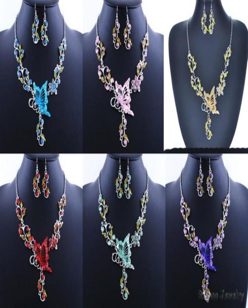 

6 colors women butterfly flower rhinestone pendant statement necklace earrings jewelry set fashion jewelry bridal wedding dress je9578245, White