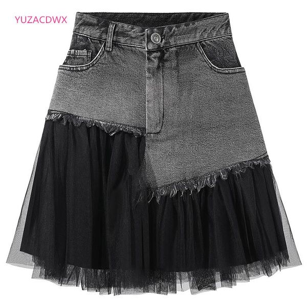 

capris women denim mesh patchwork lace skirt high waist a line asymmetric frill tulle gothic chic skirts faldas mujer 2022 korean, Black;white
