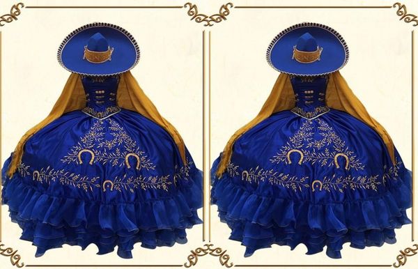 

2022 vintage gold embroidery flowers royal blue quinceanera prom dresses ball gown xv mexican charro satin evening party formal sw7020311, Blue;red