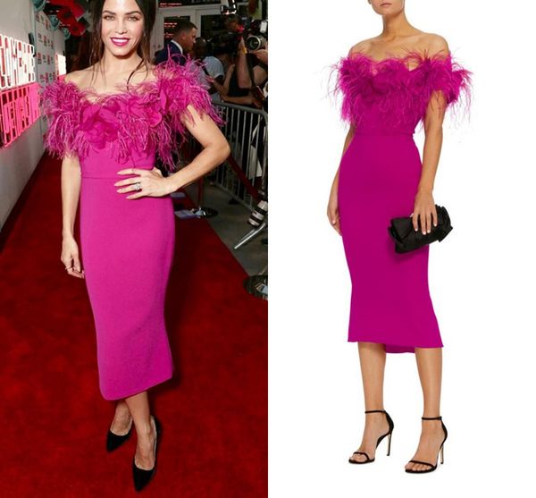 

jenna dewan marchesa tea-length fuchsia prom occasion dresses off shoulder feather floral arabic runway red carpet evening gowns, Black;red