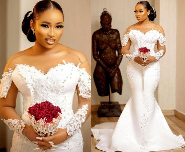 

2021 plus size arabic aso ebi mermaid lace beaded wedding dress sheer neck long sleeves satin vintage bridal dresses gowns zj4933692, White