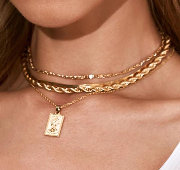 

4pcsset silver gold chain human head pendant choker layered necklaces set for women bohemian party jewelry3482667, Golden;silver