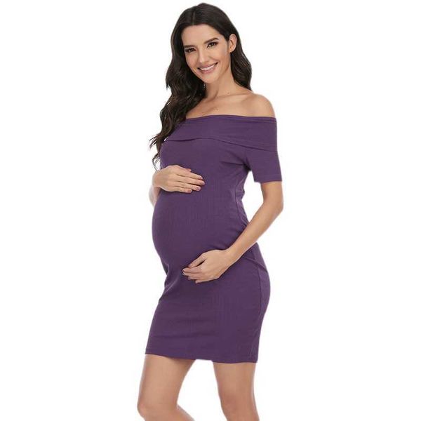 

maternity dresses summer off shoulder ruffled solid body knee length pregnant women's dress g220602, White