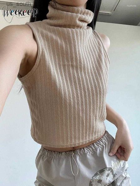 

camis women's tanks weekeep knitwear turtleneck tank women slim casual sleeveless crop khaki basic vest korean fashion streetwear knit, White