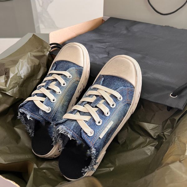 

men's paris shoes high sneakers in blue destroyed denim and rubber sneaker embossed men women vulcanized sole luxury shoe trainer 02, Black