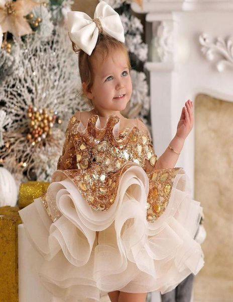 

2021 gold sequined sparkly flower girl dresses ball gown sheer neck tulle long sleeves lilttle kids birthday pageant weddding gown2458330, White;blue