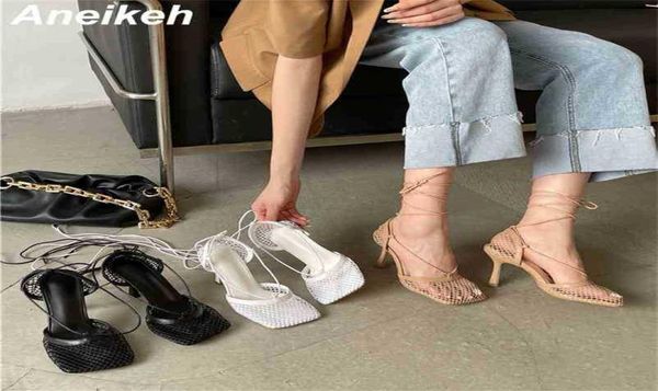 

summer shoes for women gladiator sandalias mesh thin heels square toe fashion party riband crosstied laceup solid 2105072050101, Black