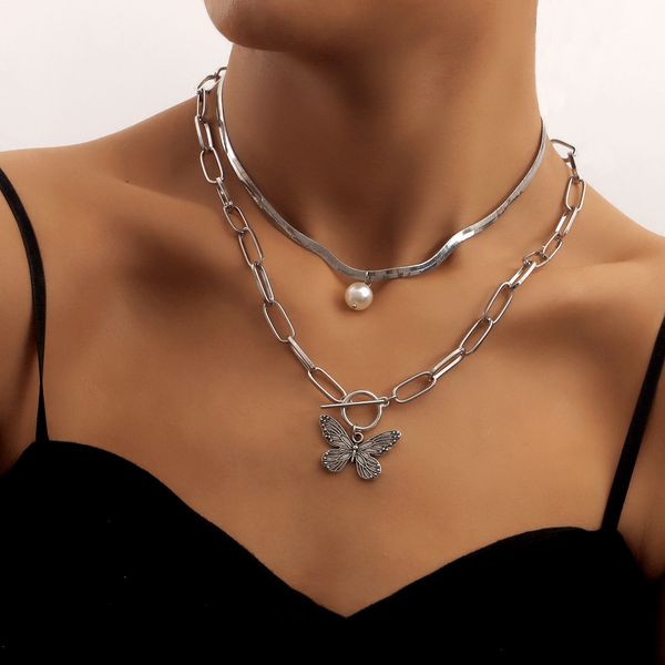 

necklace designer ins fashion double bamboo snake bone chain ot buckle pearl striped butterfly pendant necklace woman multilayer jewlery for, Silver