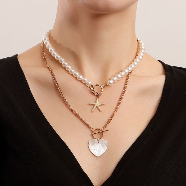 

trend double-layer starfish love fritillary necklace female assorted wholesale y2k pearl necklace ins style necklace designer jewlery for wo, Silver