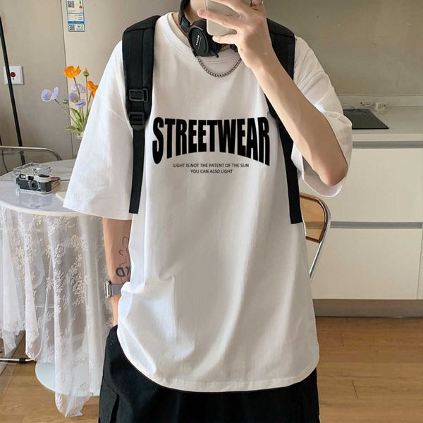 

t-shirt men's summer letter printing round neck loose bottom shirt pure cotton drop shoulder half sleeve fashion label, White;black