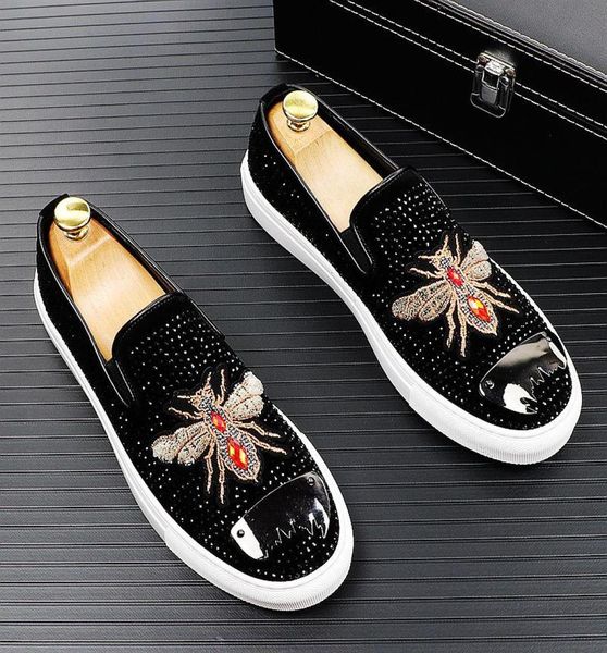 

men039s fashion suede leather embroidery rhinestone bees loafers mens casual printed moccasins shoes man party driving flats dr7927402, Black