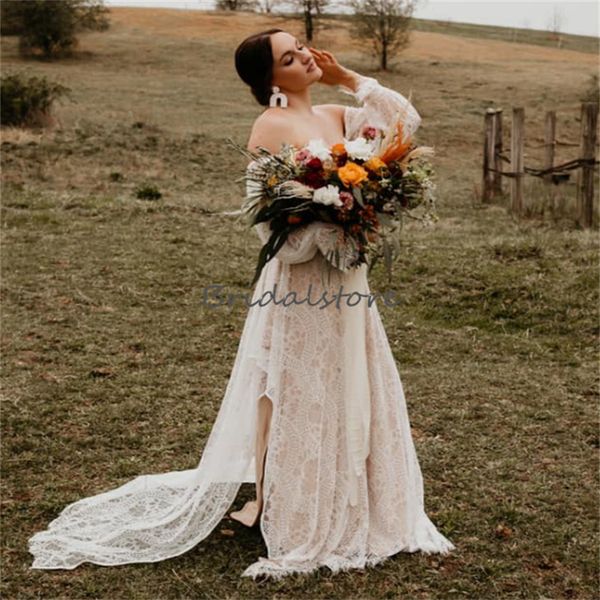 

hippie boho champagne wedding dress 2023 puff sleeves chiffon corset bohemain outdoor greek beach country bridal dress bride vestidos de nov, White