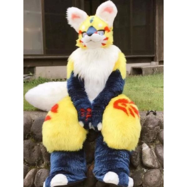 

yellow long fur husky dog fox mascot costume yellow fursuit halloween furry suit cartoon outfits dresschristmas characteristi, Red;yellow