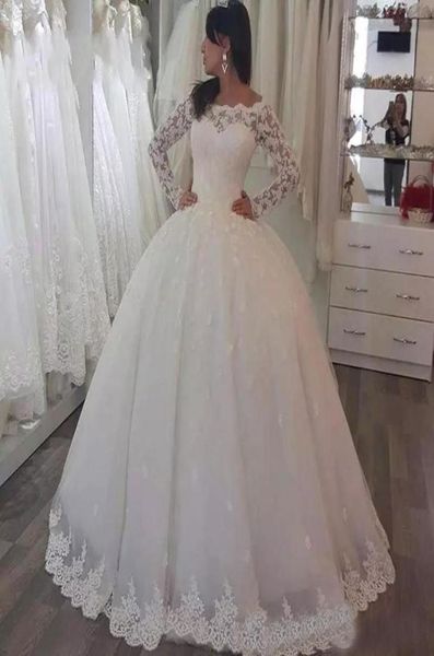 

2017 bateau wedding dresses long sleeves with lace applique wedding gowns aline custom made back zipper floorlenght elegant brid1185103, White