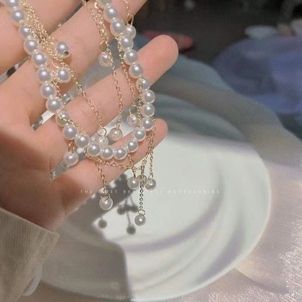 

pearl necklace women's summer season light luxury, niche high-end sense tassel with hanfu collarbone chain moist temperament celebrity, Silver