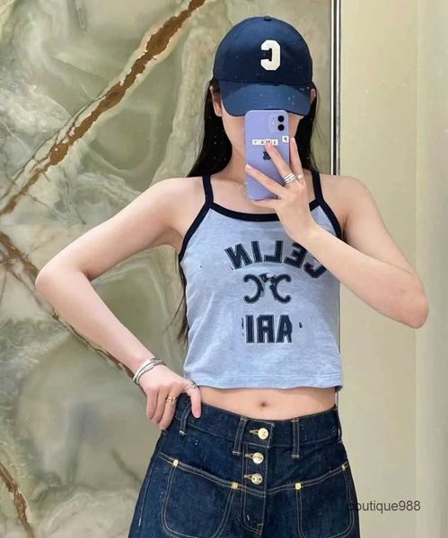

2023 summer new blue print letter sling for women versatile short tank women, White