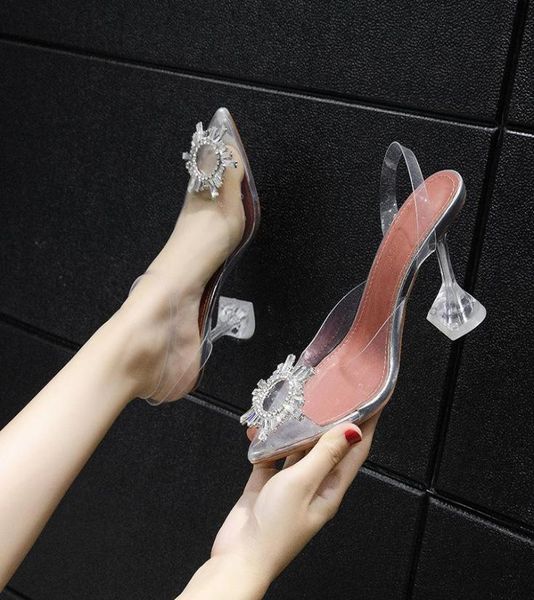 

rhinestone sun flower pvc women sandals pointed end high heels shoes ladies transparent heel back strap pumps sandals35424424750, Black