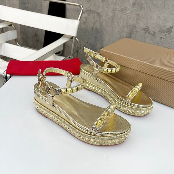 

woman thick bottom spikes sandals platform leather wedge spike flatform wedgies slippers fashion summer stud espadrilles sandal, Black