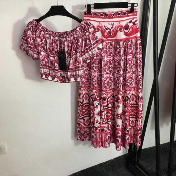 

23ss womens designer clothing skirt set vintage printed one-line neck short-sleeved high-waisted half skirt sets womens clothing a1, White