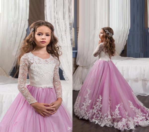 

2017 princess long sleeves lace flower girl dresses vestidos puffy pink kids evening ball gown party pageant dresses girls1926937, White;blue