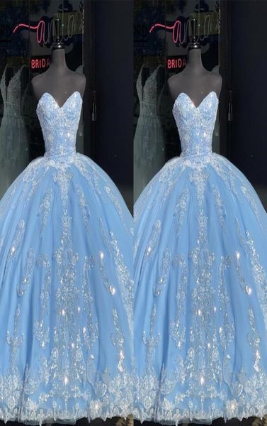 

bling ivory sequins applique prom quinceanera dresses light sky blue strapless corset backless princess formal dress evening sweet7109149, Blue;red