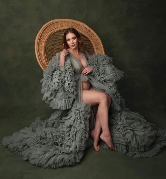 

hunter green puffy long sleeves prom dresses ruffles robe tulle tiered evening dress cutsom made plus size party robes po shoot7547765, Black