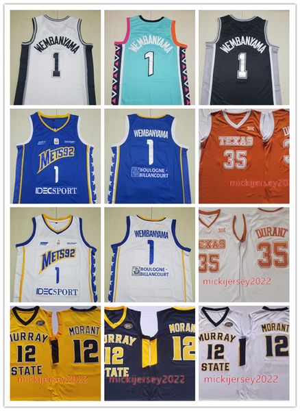 

mens victor wembanyama metropolitans 92 basketball jersey stitched #12 ja morant murray state racers #35 kevin durant texas longhorns jersey, Black