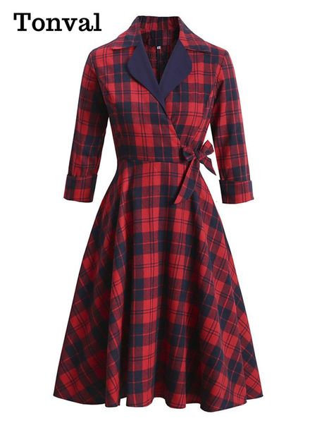 

dresses tonval notched collar red plaid cotton vintage 50s bow dresses women three quarter sleeve elegant midi dress retro robe, Black;gray