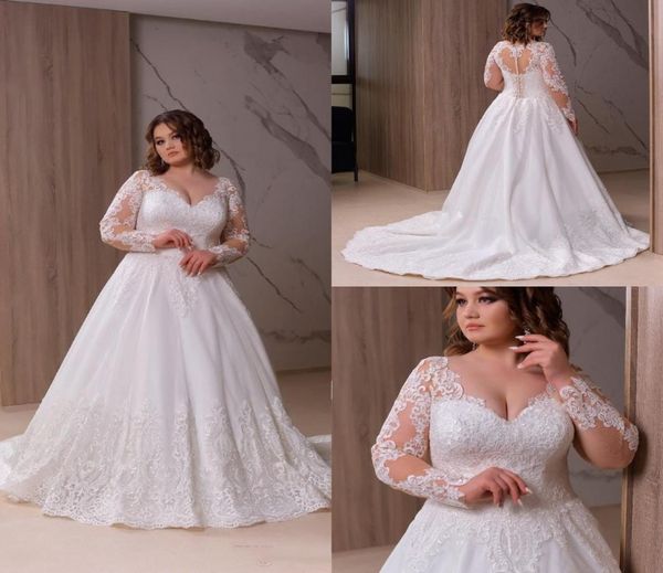 

plus size 2021 a line wedding dresses bridal gowns v neck long sleeve lace appliqued sweep train vestidos de novia4496803, White