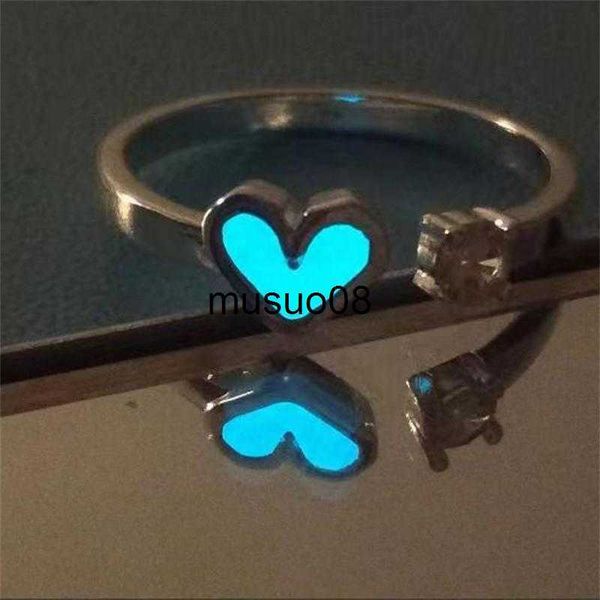 

band rings couple luminous ring men women adjustable heart-shaped love ring glow in dark blue light fashion rings wedding jewelry gift j2306, Silver