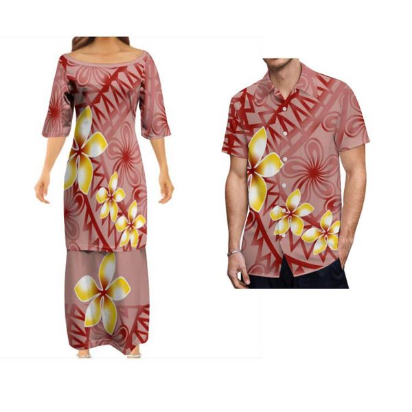 

dresses new designer custom polynesian samoan puletasi set maroon long maxi skirt two piece set plus size womens dress match mens shirt, Black;gray