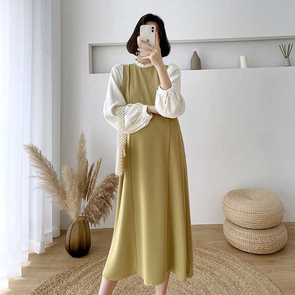 

maternity dresses 2022 summer women's dress fluffy sleeves polo neckline loose a-line tie elastic waist solid black elegant dress g2206, White