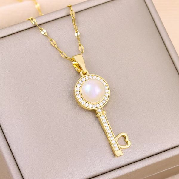 

fashion design style key pendant with large pearl inlaid diamond necklace, Silver