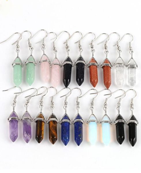 

natural stone drop earrings turquoise gem stone hexagonal prism point healing chakra bullet shape dangle earrings fashion women je8385269, Silver